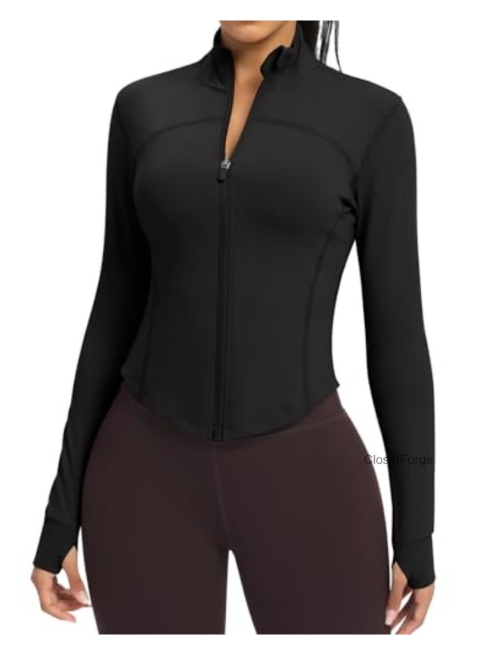 Cropped Full Zip Fitness Jacket with Thumb Holes Running Yoga Sportswear